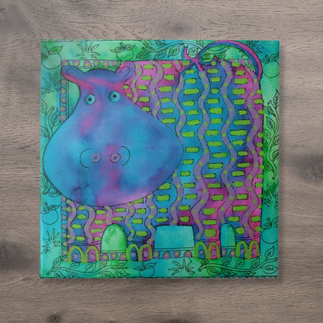 Ilustração de Aquarela de Hippo Padrão (Patterned Hippo Watercolour Illustration Ceramic Tile)