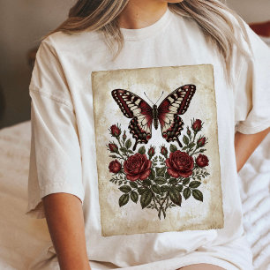 Ilustração de Borboleta Vintage e Rosas Vermelhas