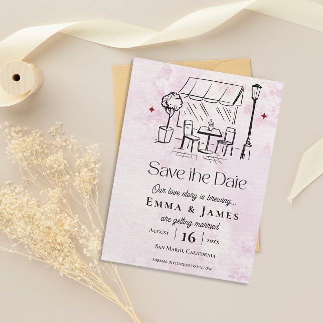 Ilustração de Café Romântico para Casamento Save t (Romantic Café Illustration Wedding Save the Date)