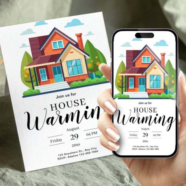 Ilustração de Casa Moderna Verde Marrom Convite de (Modern Home Illustration Green Brown Housewarming Invitation, Home Sweet Home, New Apartment Invite)