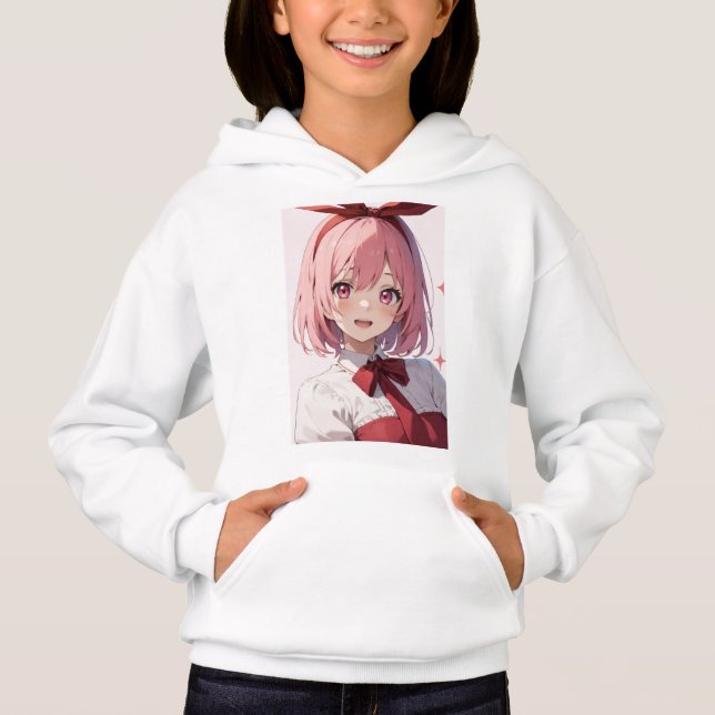 Ilustração de Garota de Anime Fofo com Cabelo Rosa (Frente)