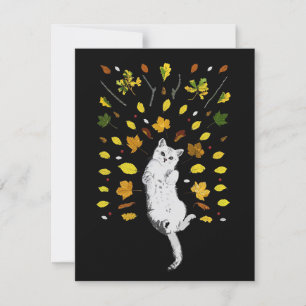 Ilustração de gato branco com folhas de outono