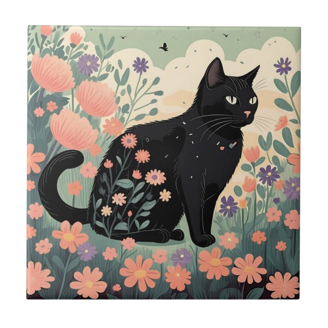 Ilustração de gato preto em um campo de flores (Frente)