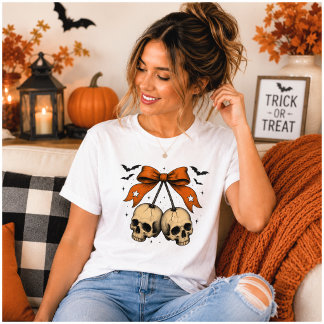 Ilustração de Halloween com Crânio e Laço Coquette
