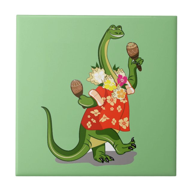 Ilustração De Um Brontossauro Jogando Maracas. (Frente)