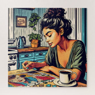 Ilustração de uma mulher fazendo Quebra-cabeça