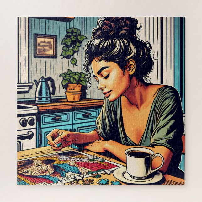 Ilustração de uma mulher fazendo Quebra-cabeça (Vertical)