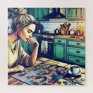 Ilustração de uma mulher fazendo Quebra-cabeça