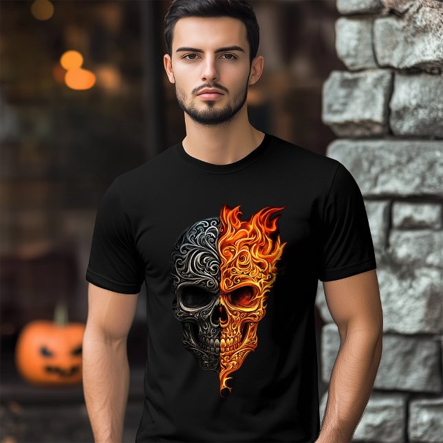 Ilustração do Dia das Bruxas de Chamas de Fogo da  (Illustration of Skull Tattoo Fire Flame Halloween T-Shirt)