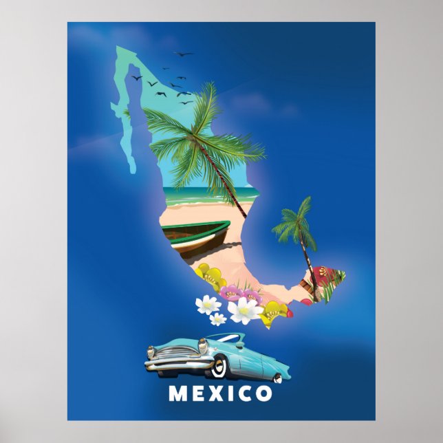 Ilustração do mapa do México pôster de viagem. (Frente)