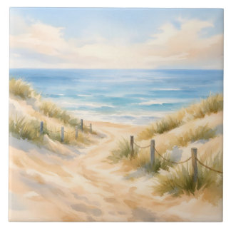 Ilustração em aquarela de praia arenosa e oceano