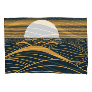 Ilustração estilizada do sol-lua, mar escuro.