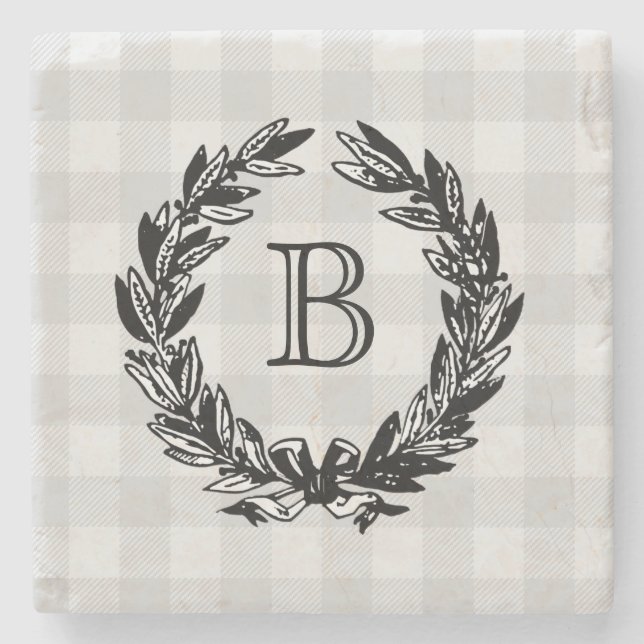 Ilustração Monograma Wreath Porta copos de Pedra d (Frente)