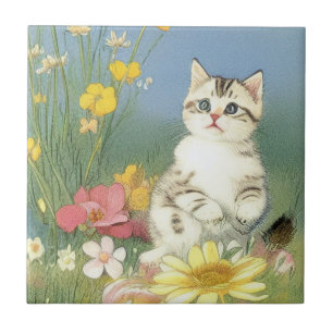 Ilustração Vintage Kitten com Flores Amarelas