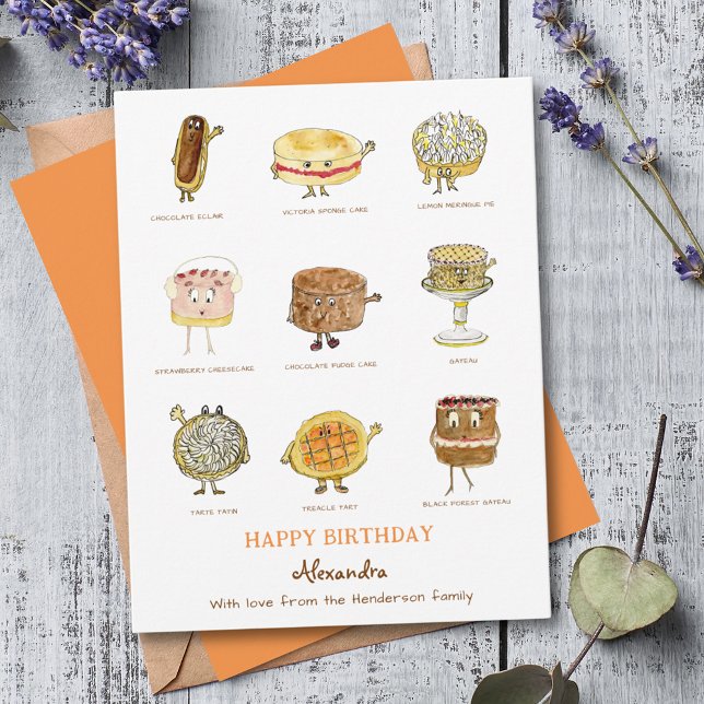 Ilustrações de bolos bonitinhos de aniversário do  (Funny cake cartoon baking happy birthday personalized greetings card)