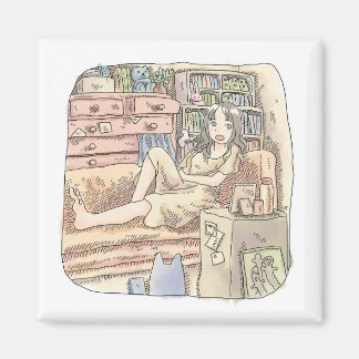 IMÃ さなさじじ タンスや本棚のあるお部屋のソファに足を投げ出してため息をついている女性のイラスト