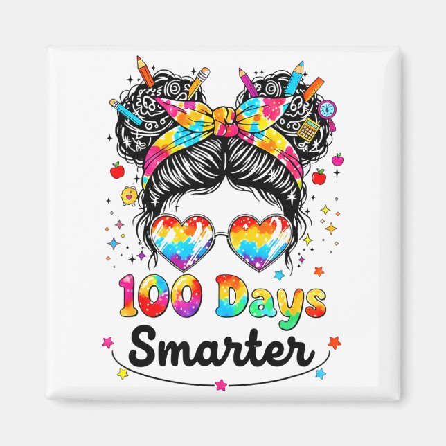 Imã 100 Days Smarter Messy Bun 100th Day Of School Gir (Frente)