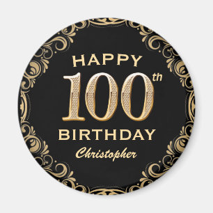 Imã 100th Birthday Party Black and Gold Glitter Frame