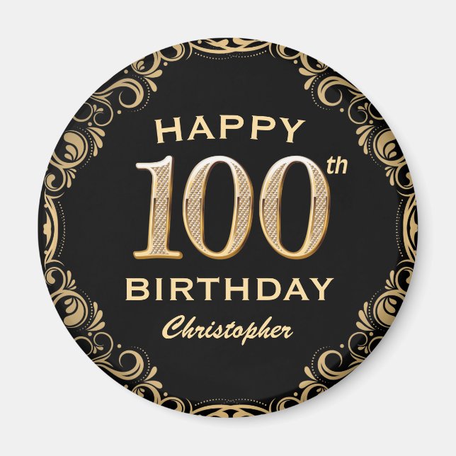 Imã 100th Birthday Party Black and Gold Glitter Frame (Frente)