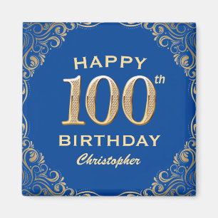 Imã 100th Birthday Party Blue and Gold Glitter Frame