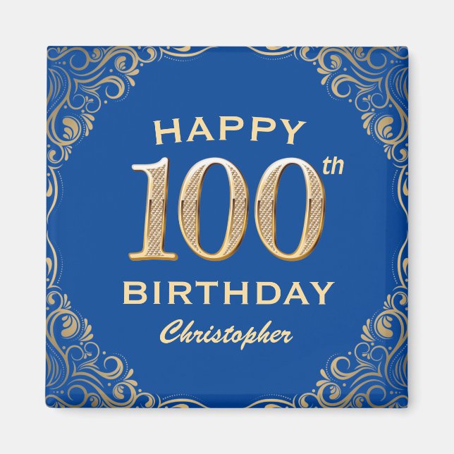 Imã 100th Birthday Party Blue and Gold Glitter Frame (Frente)