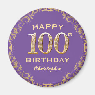 Imã 100th Birthday Party Purple and Gold Glitter Frame
