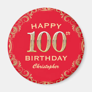 Imã 100th Birthday Party Red and Gold Glitter Frame