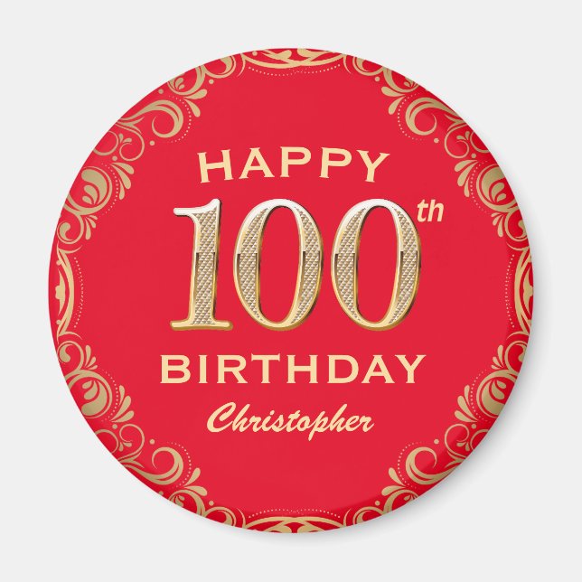 Imã 100th Birthday Party Red and Gold Glitter Frame (Frente)