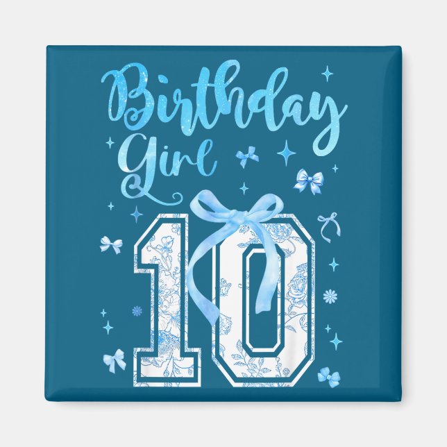 Imã 10th Birthday Girl Blue Toile Coquette Bow 10 Year (Frente)