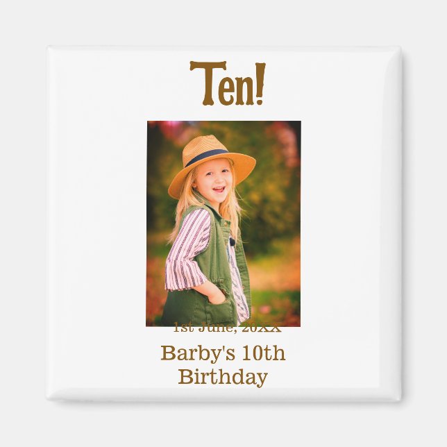 Imã 10th birthday photo name date simple brown beige b (Frente)
