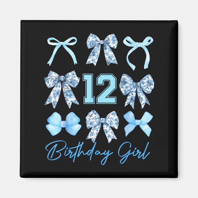 Imã 12th Birthday Girl Blue Toile Coquette Bow 12 Year (Frente)