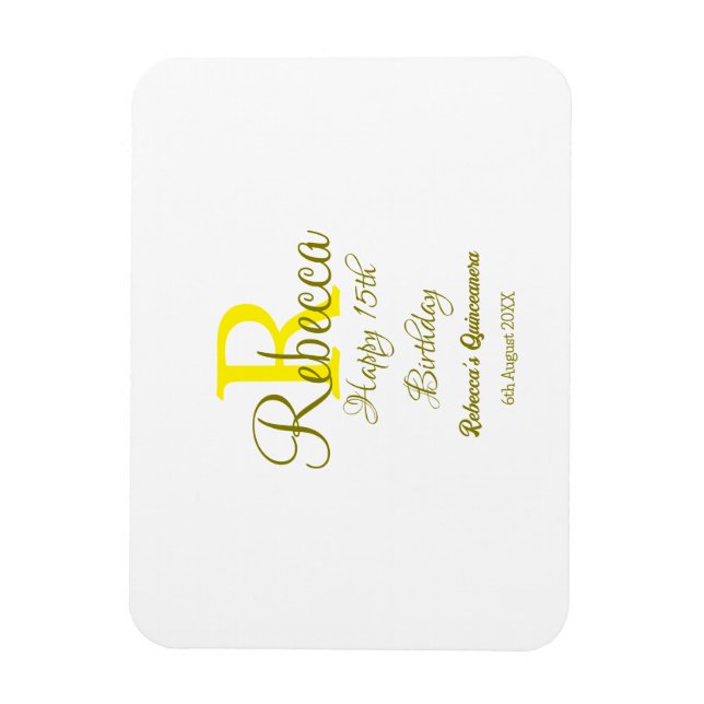 Ímã 15 Feliz Aniversário Amarelo Apelido Monograma Mod (Vertical)