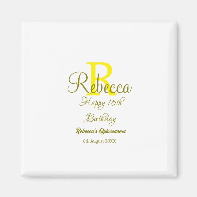 Imã 15 Feliz Aniversário Amarelo Apelido Monograma Mod (Frente)