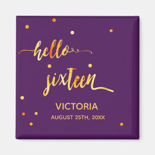 Imã 16.º aniversário dourado roxo alô 16 datilograf