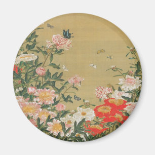 Imã 1. 芍薬群蝶図, flor do 若冲 e borboleta, Ja