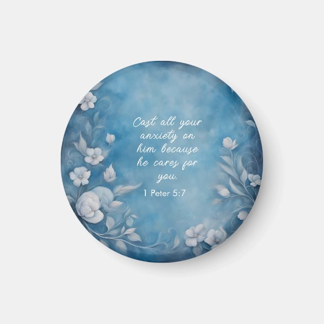 Imã 1 Peter 5:7 “Cast All Your Anxiety” Blue Floral (Frente)