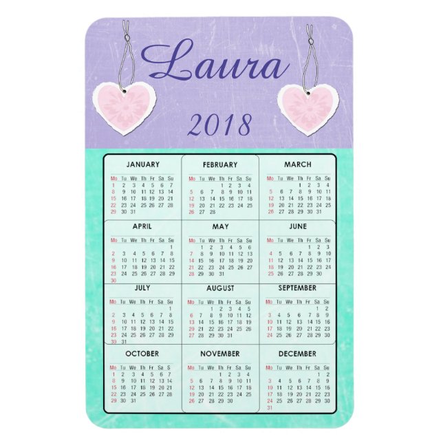 Ímã 2018 Magnet de Nome do Mini Calendário Roxo e Teal (Vertical)