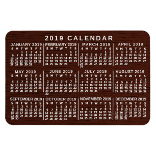 Ímã 2019 Calendário Mensal Madeira Marrom Grain Simpl