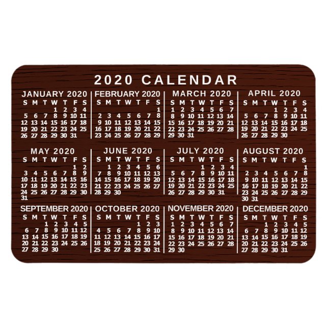 Ímã 2020 Ano Calendário Mensal Madeira Marrom Grãos Si (Horizontal)