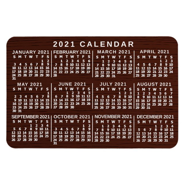 Ímã 2021 Ano Calendário Mensal Madeira Marrom Grãos Si (Horizontal)