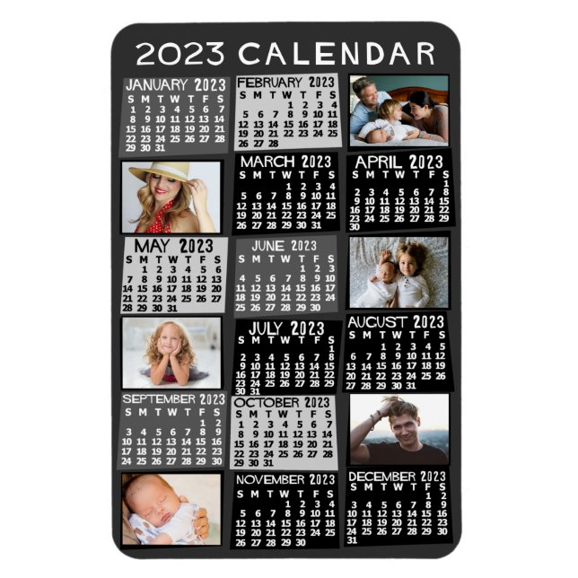 Ímã 2023 Ano Calendário Mensal Colagem de Foto Preta (Vertical)