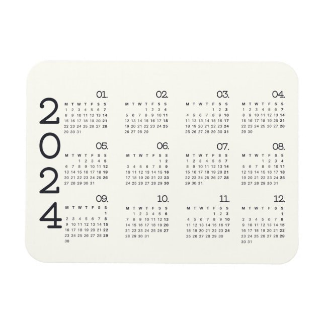 Ímã 2024 Full Year Calendar Black And White Elegant (Horizontal)