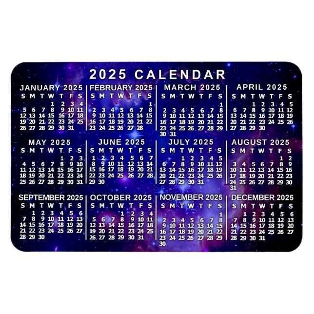 Ímã 2025 Calendário Mensal Nebulosa Espacial Exterior (Horizontal)