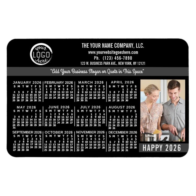 Ímã 2026 Calendar Custom Business Logo Name Photo Blk (Horizontal)