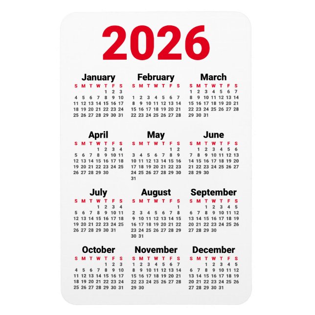 Ímã 2026 Calendar Magnet | Red Black Gray White (Vertical)