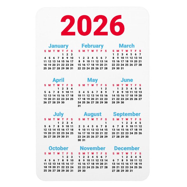 Ímã 2026 Calendar Magnet | Theme: Chicago flag colors (Vertical)