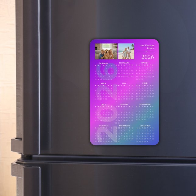 Ímã 2026 Full Year Calendar Personalized Photos (2026 Year at a glance Calendar Magnet with family photos)