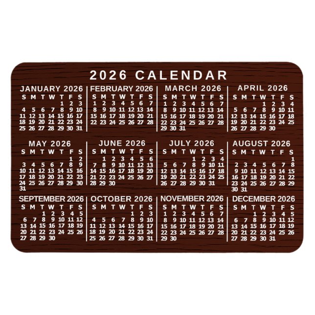Ímã 2026 Year Monthly Calendar Brown Wood Grain Simple (Horizontal)
