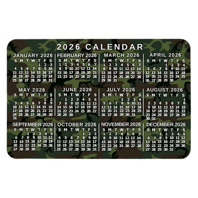 Ímã 2026 Year Monthly Calendar Camouflage Camo Green (Horizontal)