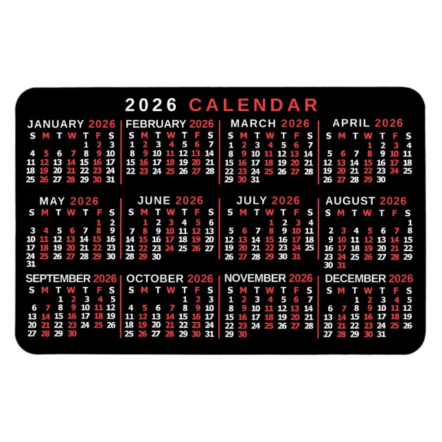 Ímã 2026 Year Monthly Calendar Classic Black Red White (Horizontal)